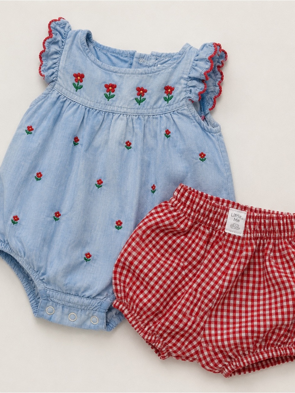 Little Me Light Blue Embroidered Floral Romper with Red Gingham Bloomers Size 6M